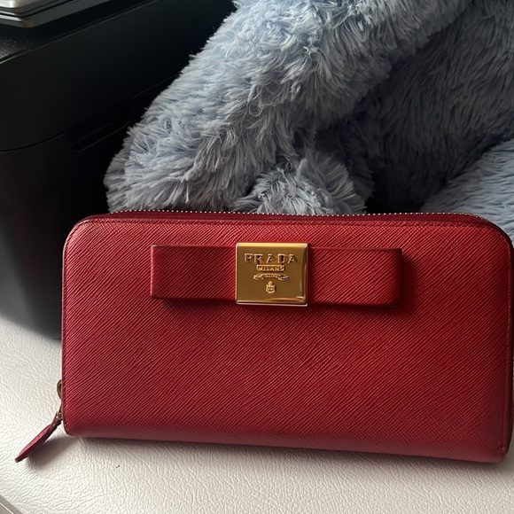 Prada Handbags - Prada Saffiano Leather Bow Red Wallet